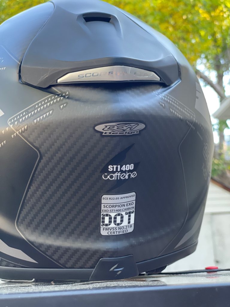Scorpion ST1400 Caffeine Helmet showing the DOT/ECE Sticker 