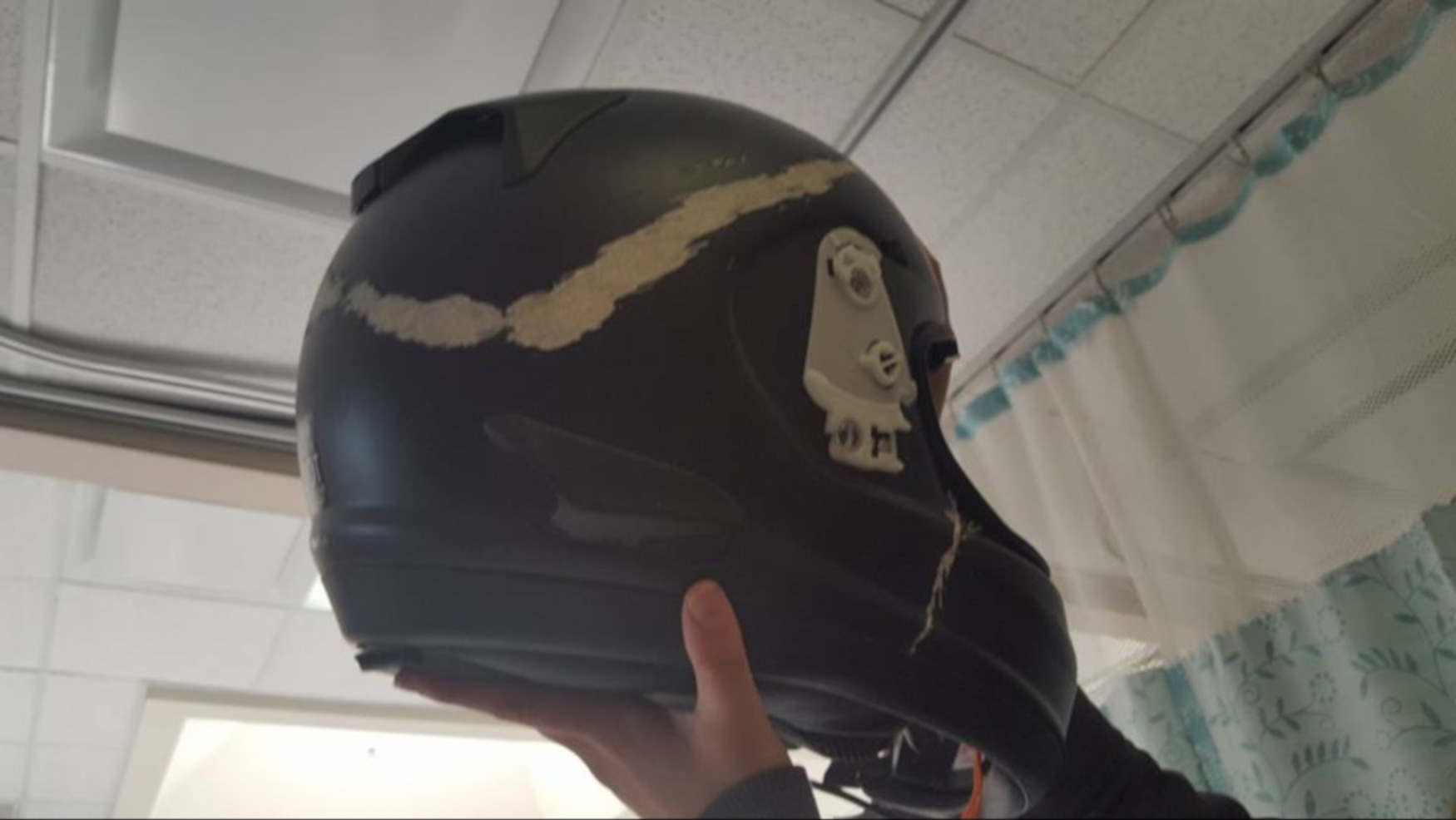 Damaged motorcycle helmet