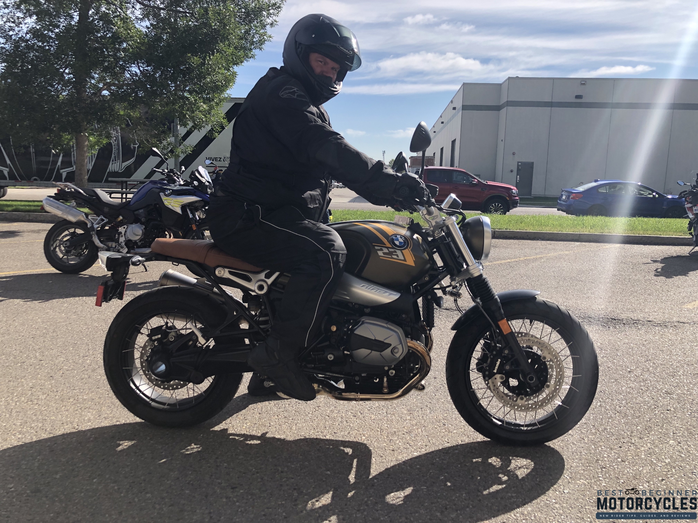 the author riding a 2021 BMW R NineT Scrambler during BMW Demo Days at Blackfoot Motorsports