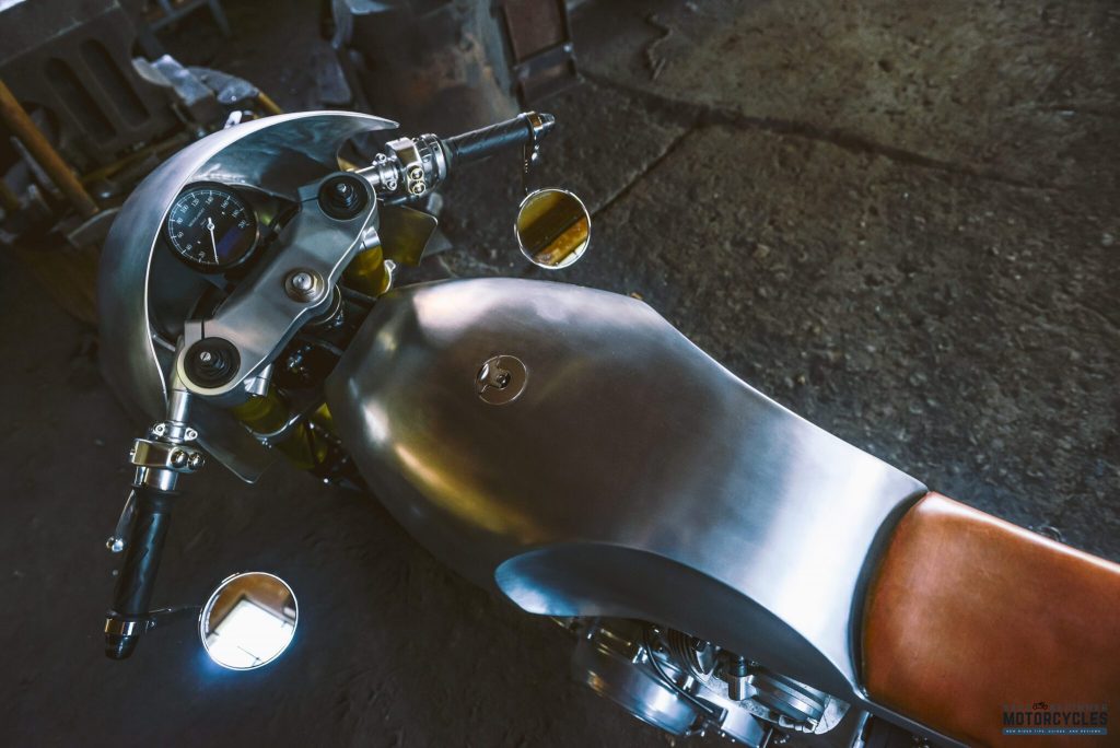A top-down view of a custom motorcycle fuel tank