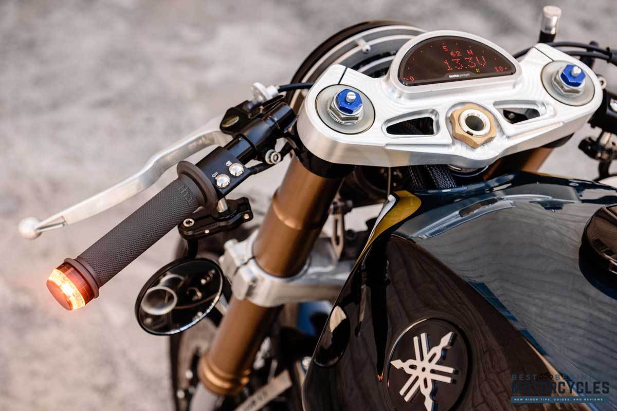 a detail shot of a custom Yamaha motorcycle that has been fitted with new handle bars
