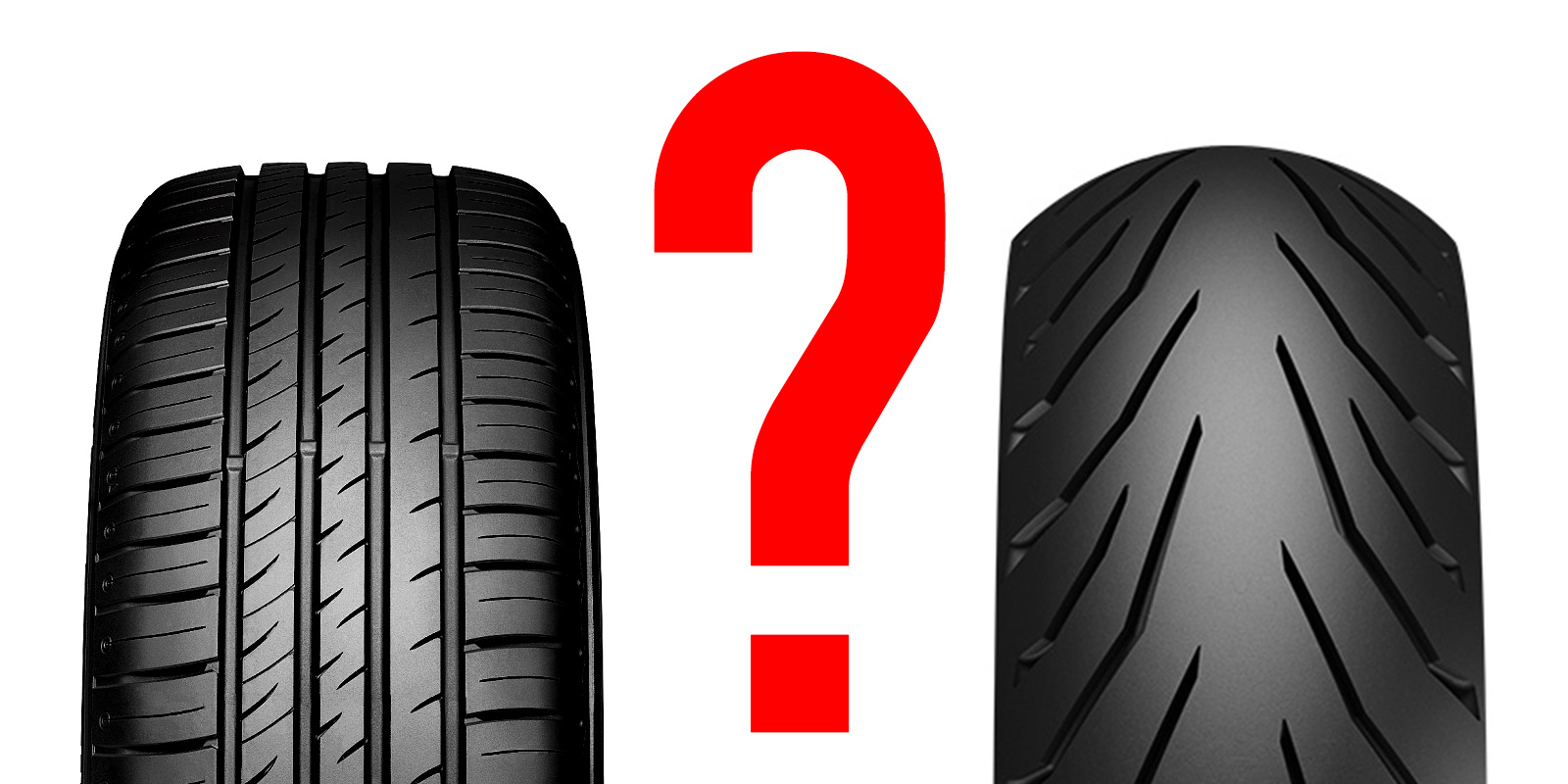 A car tyre and a motorcycle tyre separated by a question mark