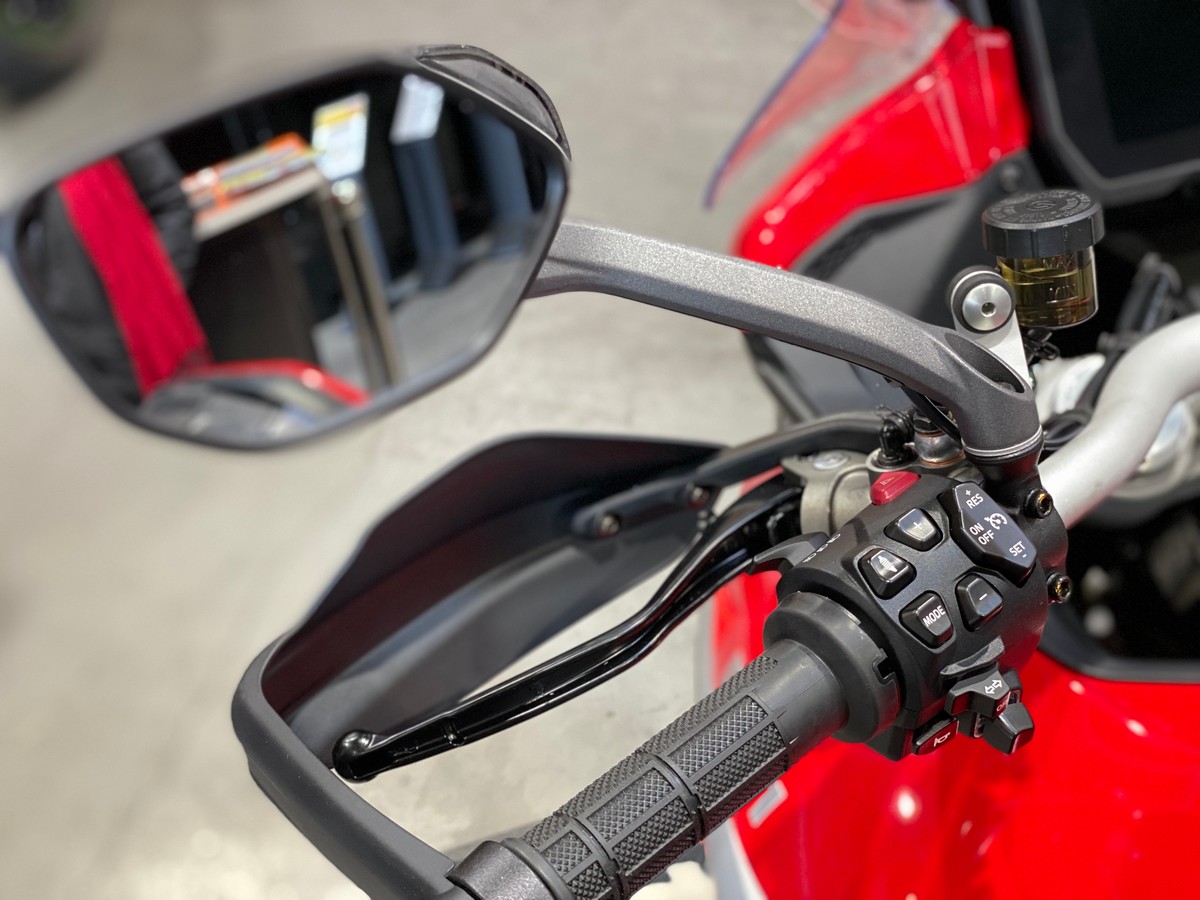 Close up of left mirror on Ducati motorcycle