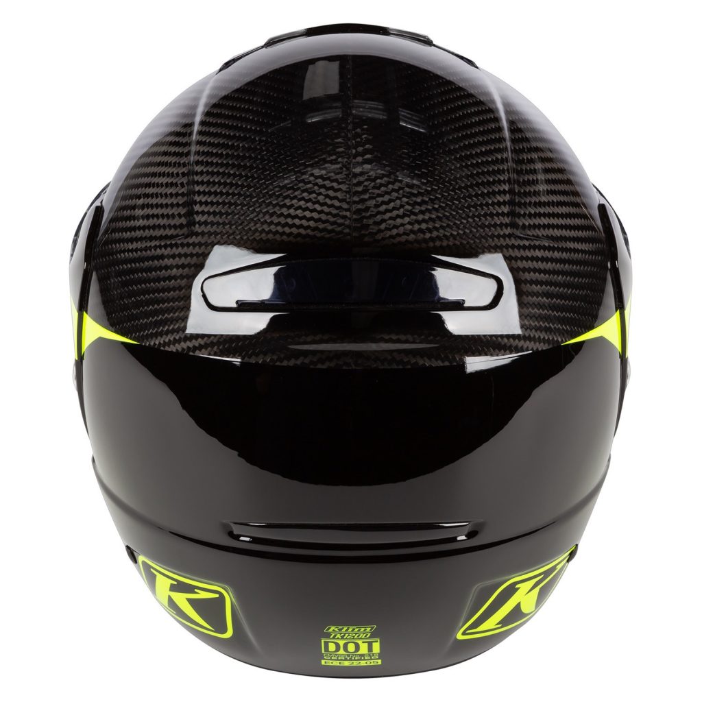 KLIM TK1200 Modular Carbon helmet showing certification stickers at the base. 
