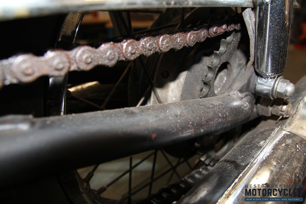 A severely worn chain and sprocket