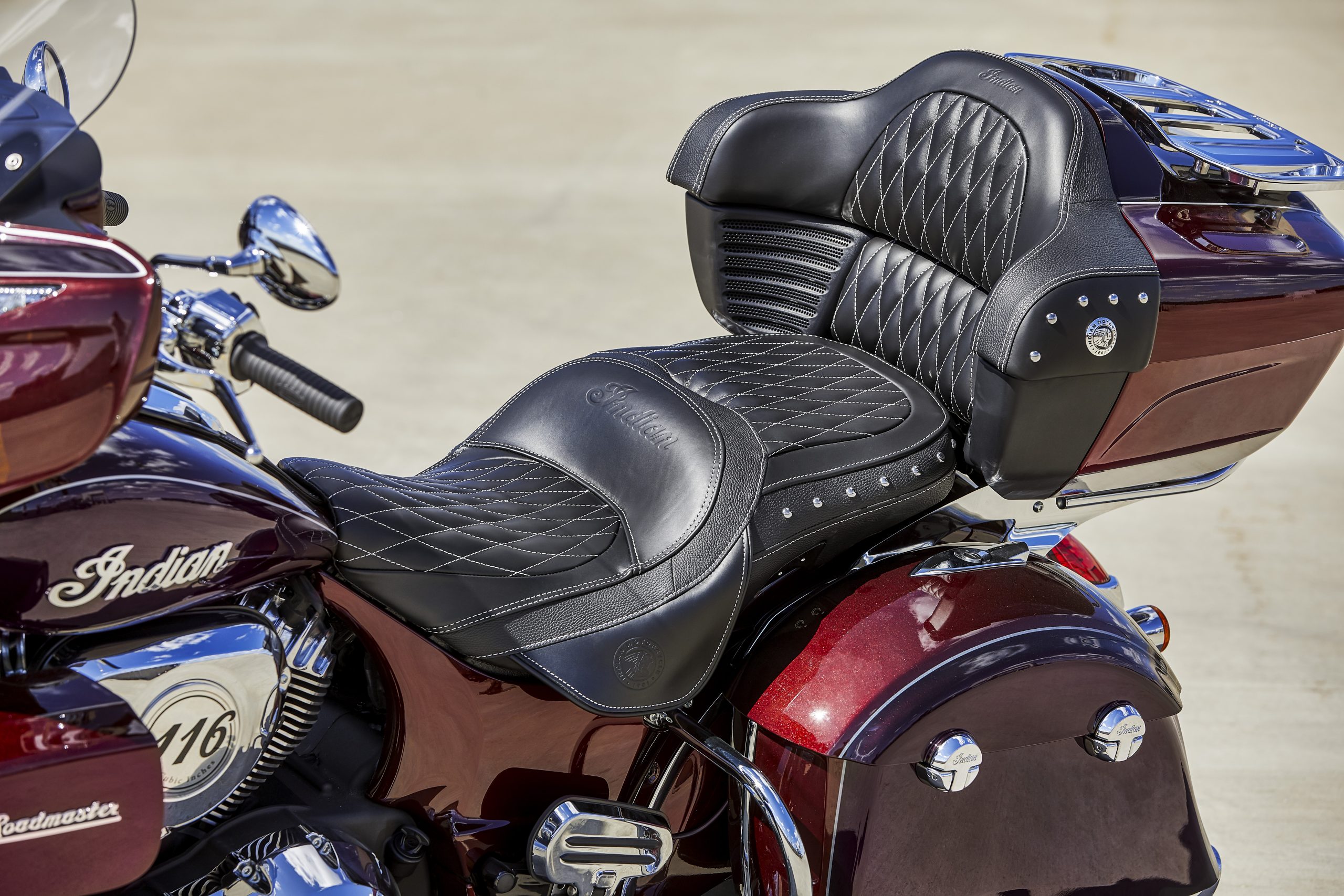 A close-up image of the seat on the Indian Roadmaster.