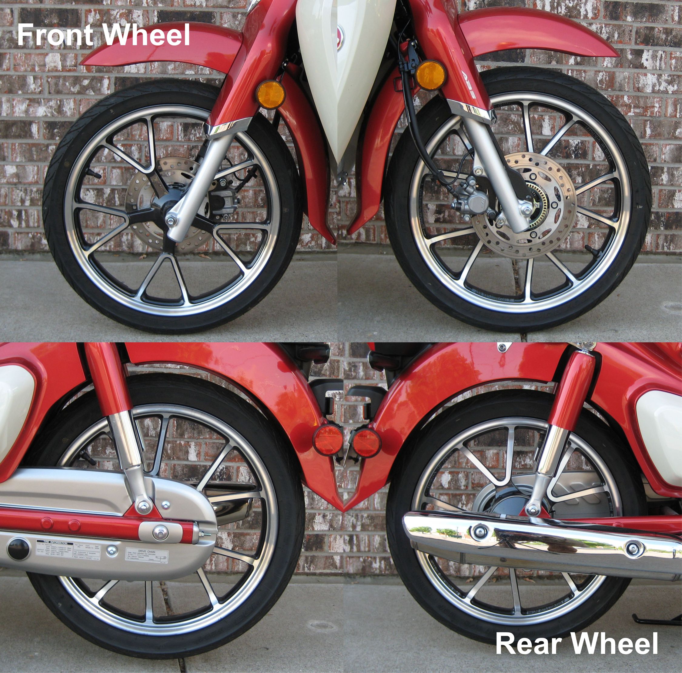 Side by side comparisons of front and rear wheels on Super Cub