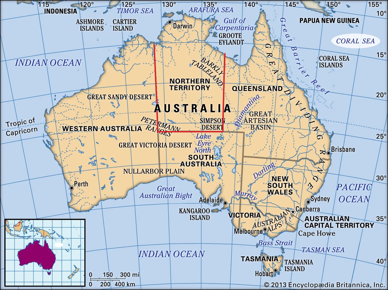 Encylopedia map entry of North Territory and surrounding Australian provinces