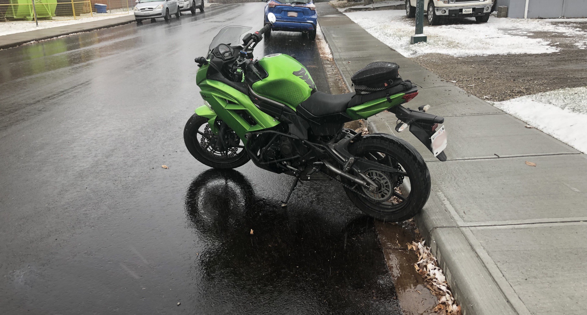2012 Kawasaki Ninja 650 parked on the last day a bike could go out in