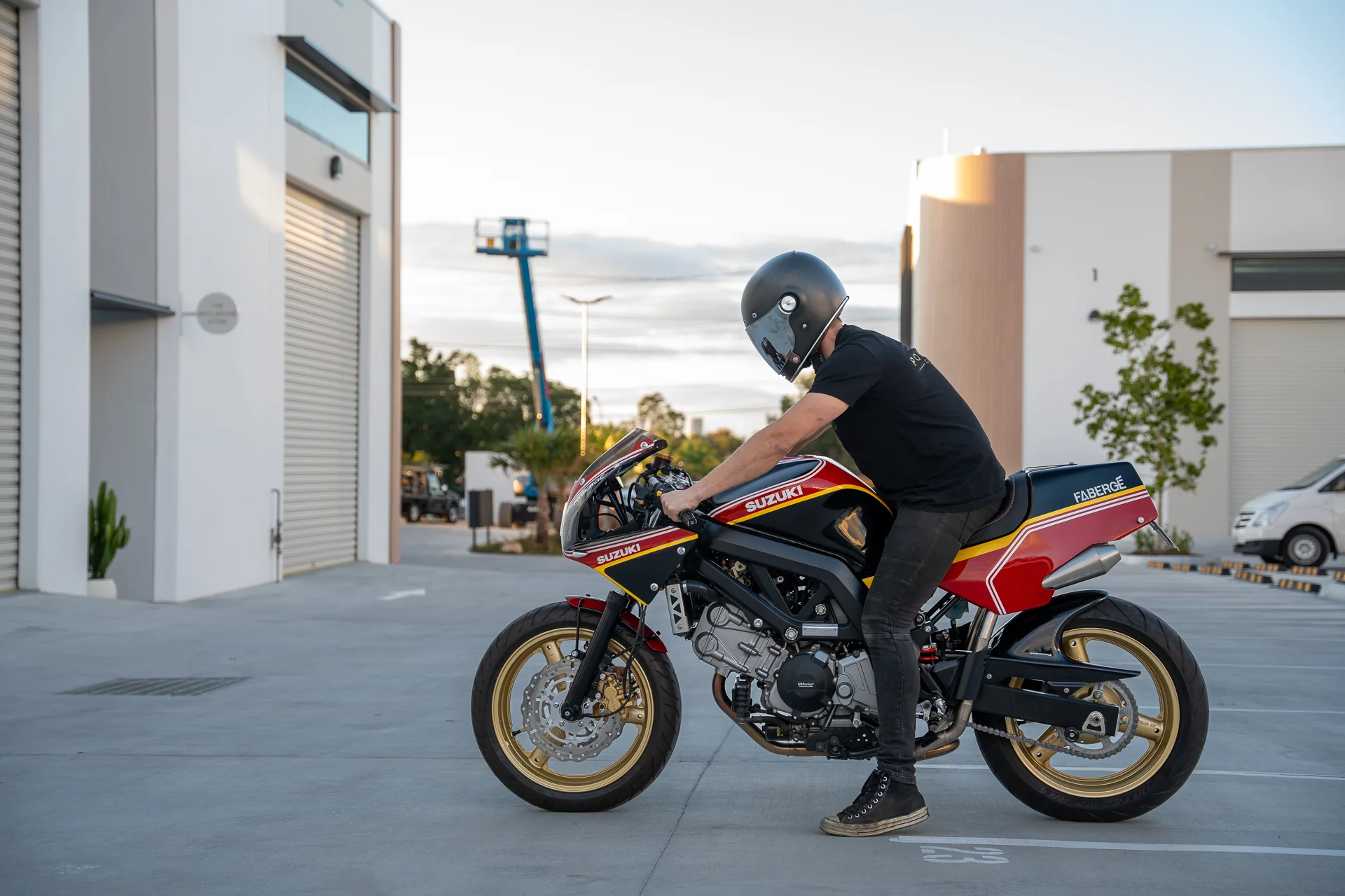 Side view of a restored 2006 Suzuki SV650 retro racer