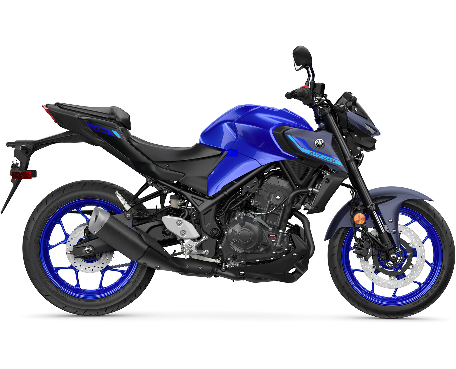 Side view of a blue Yamaha MT-03 motorcycle